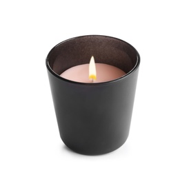 Photo of Aromatic burning candle in black holder isolated on white