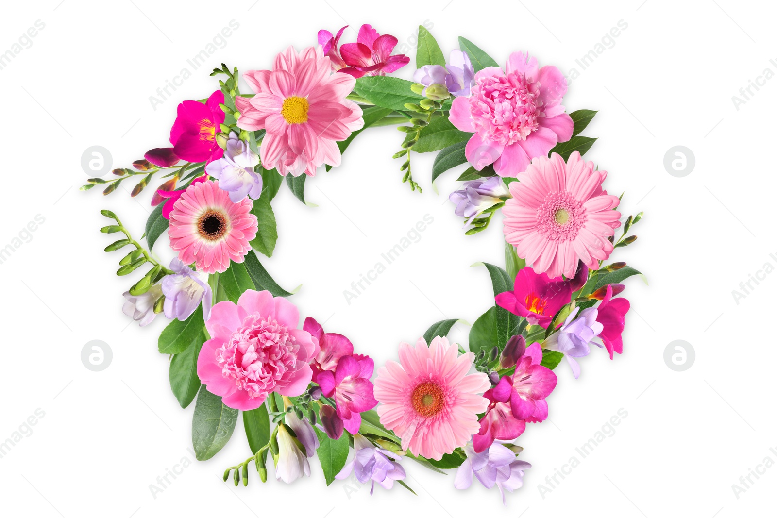 Image of Wreath made of beautiful flowers on white background