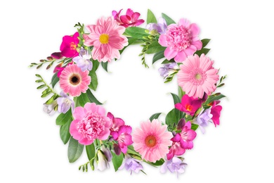 Image of Wreath made of beautiful flowers on white background