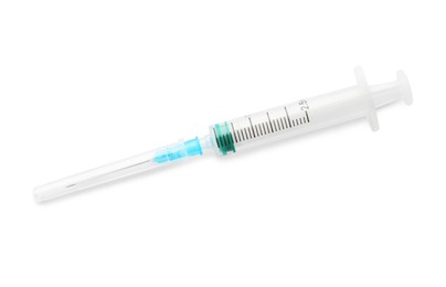 Photo of Disposable syringe with needle isolated on white, top view