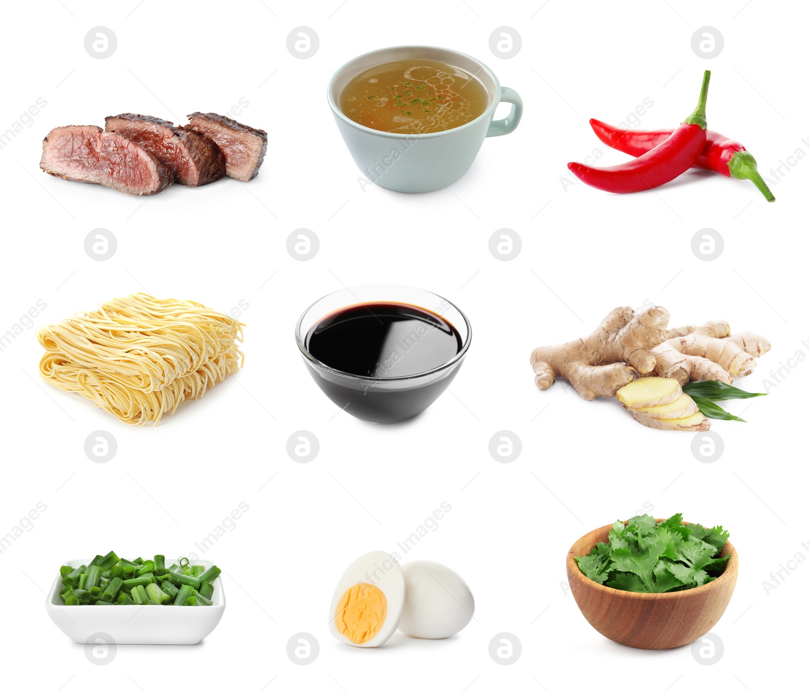 Image of Set with tasty ingredients for ramen on white background