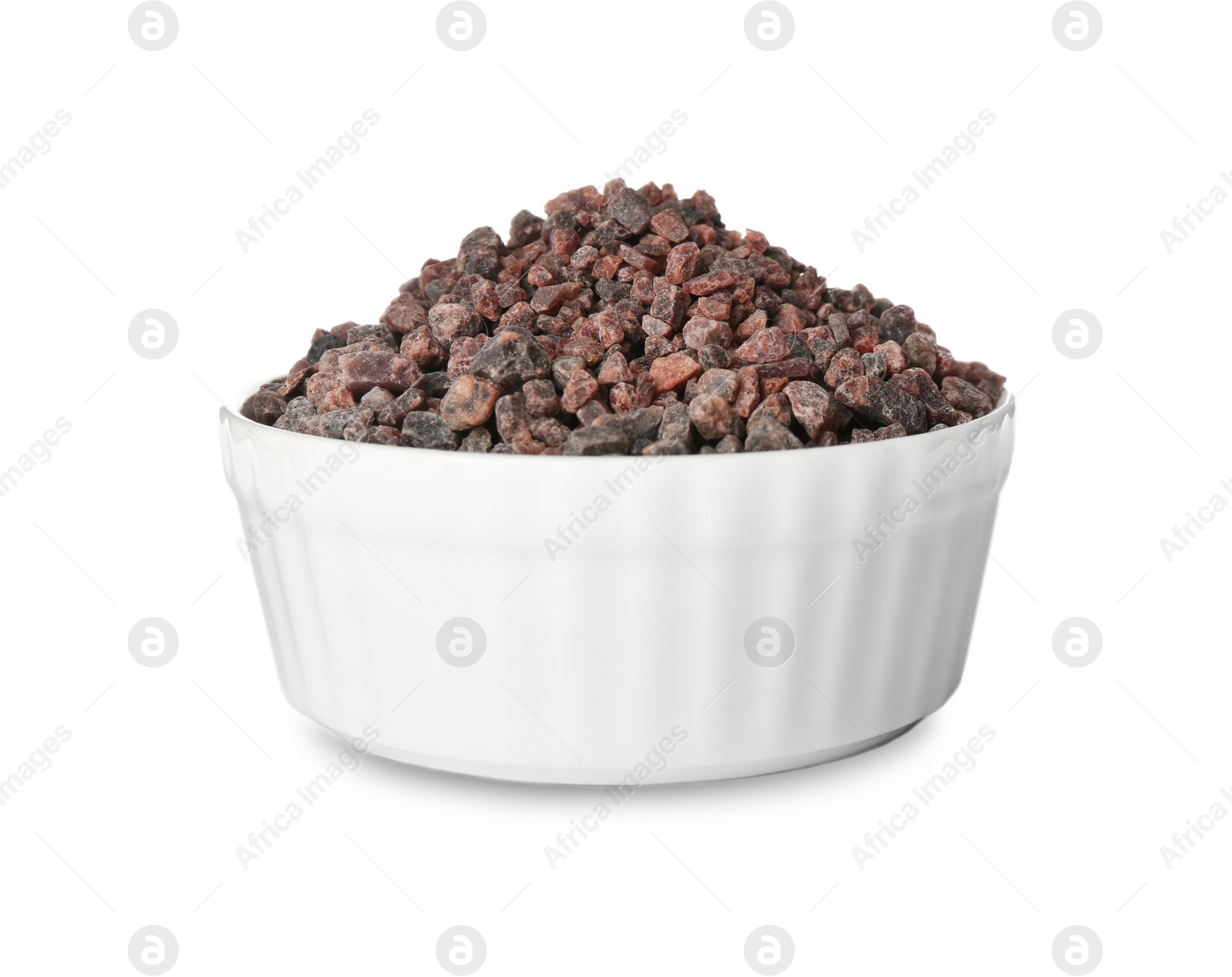 Photo of Bowl of Himalayan black salt isolated on white
