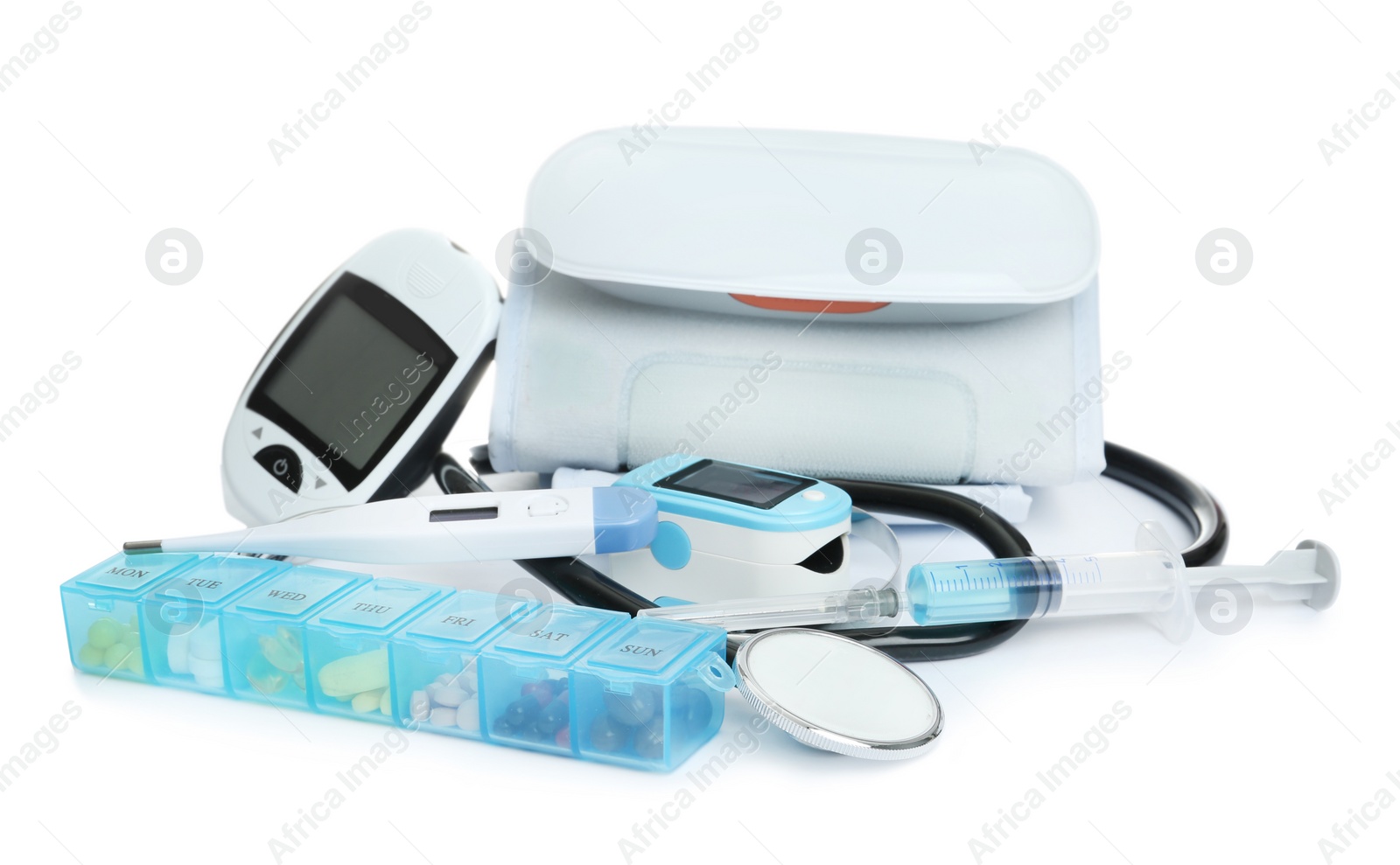 Photo of Different medical objects on white background. Health care