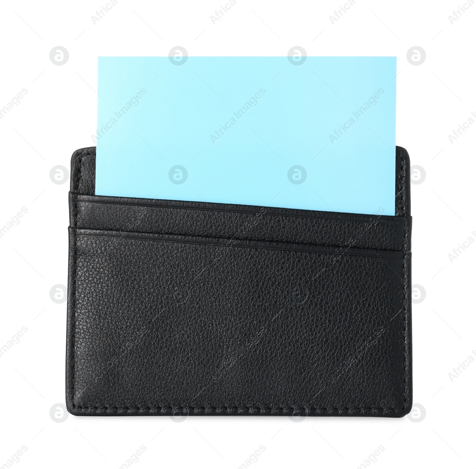 Photo of Black business card holder with blank card isolated on white