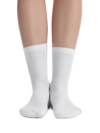 Photo of Woman in stylish socks on white background, closeup