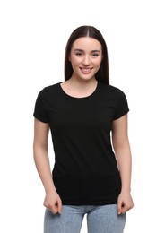 Photo of Woman wearing stylish black T-shirt on white background
