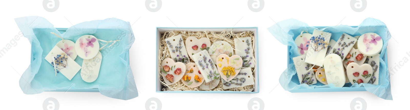Image of Beautiful scented sachets with dried flowers in boxes on white background, top view. Collage