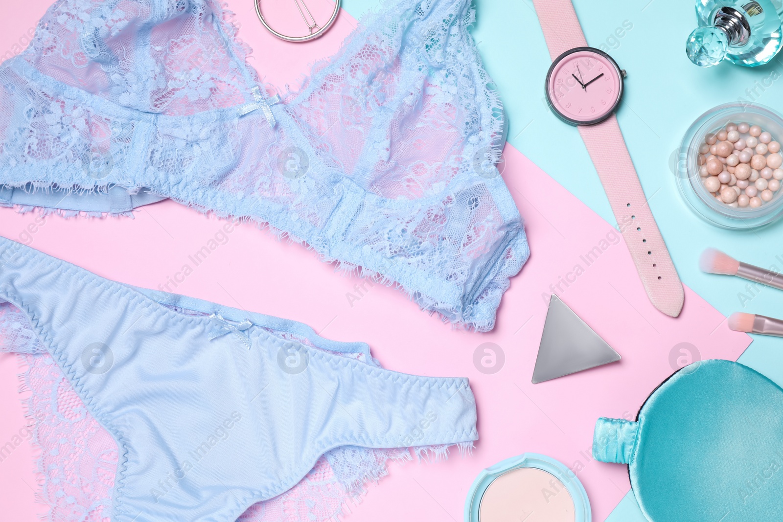 Photo of Flat lay composition with stylish lingerie and accessories on color background