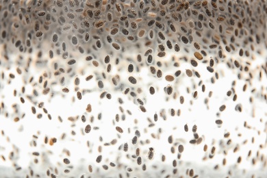 Photo of Chia seeds in water as background, closeup
