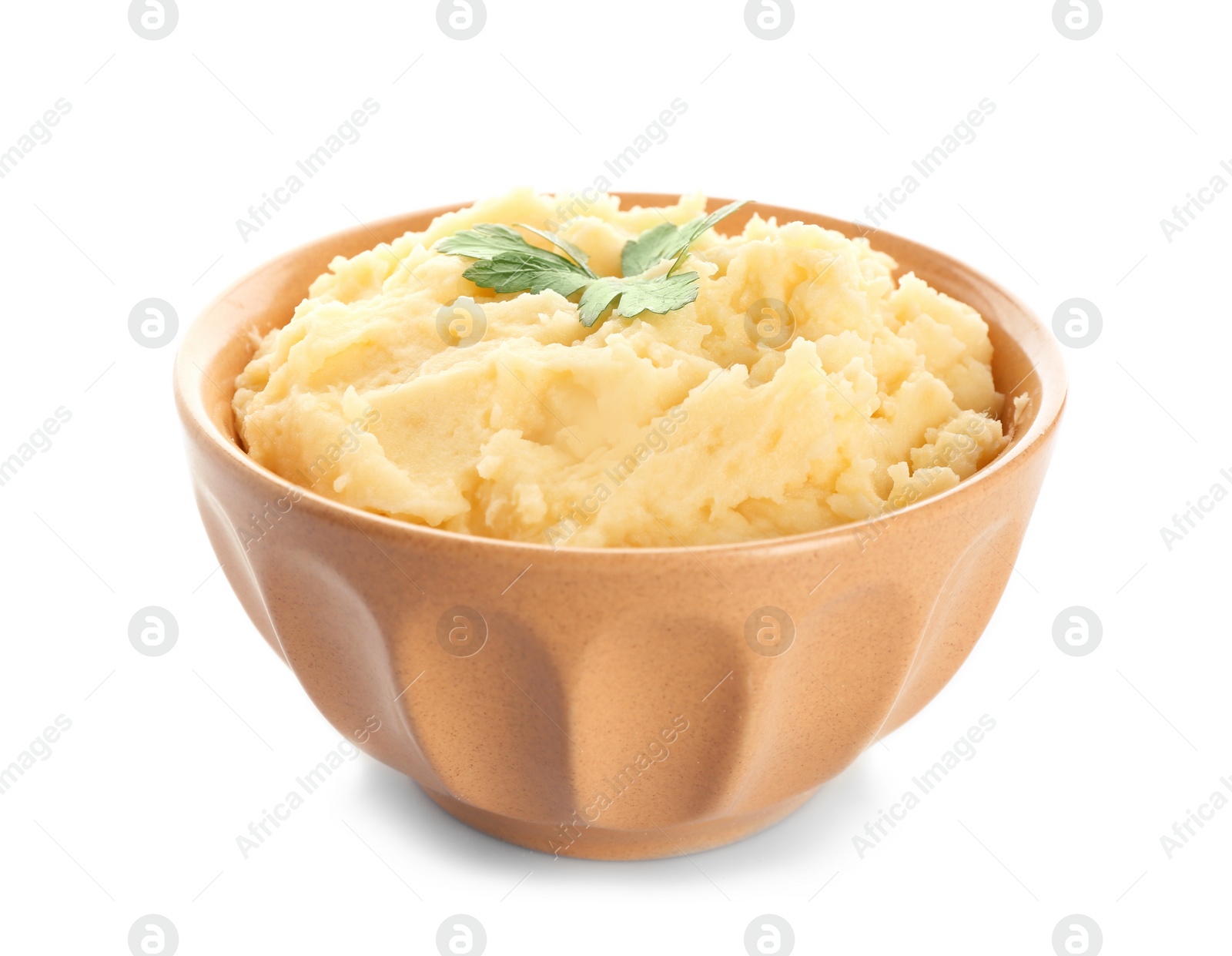 Photo of Bowl with tasty mashed potatoes on white background