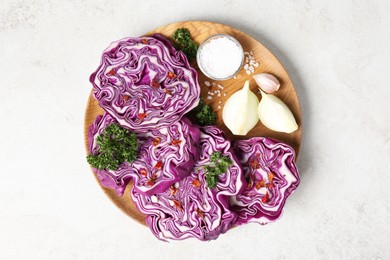 Photo of Fresh red cabbage, salt, garlic and onion on light grey table, top view