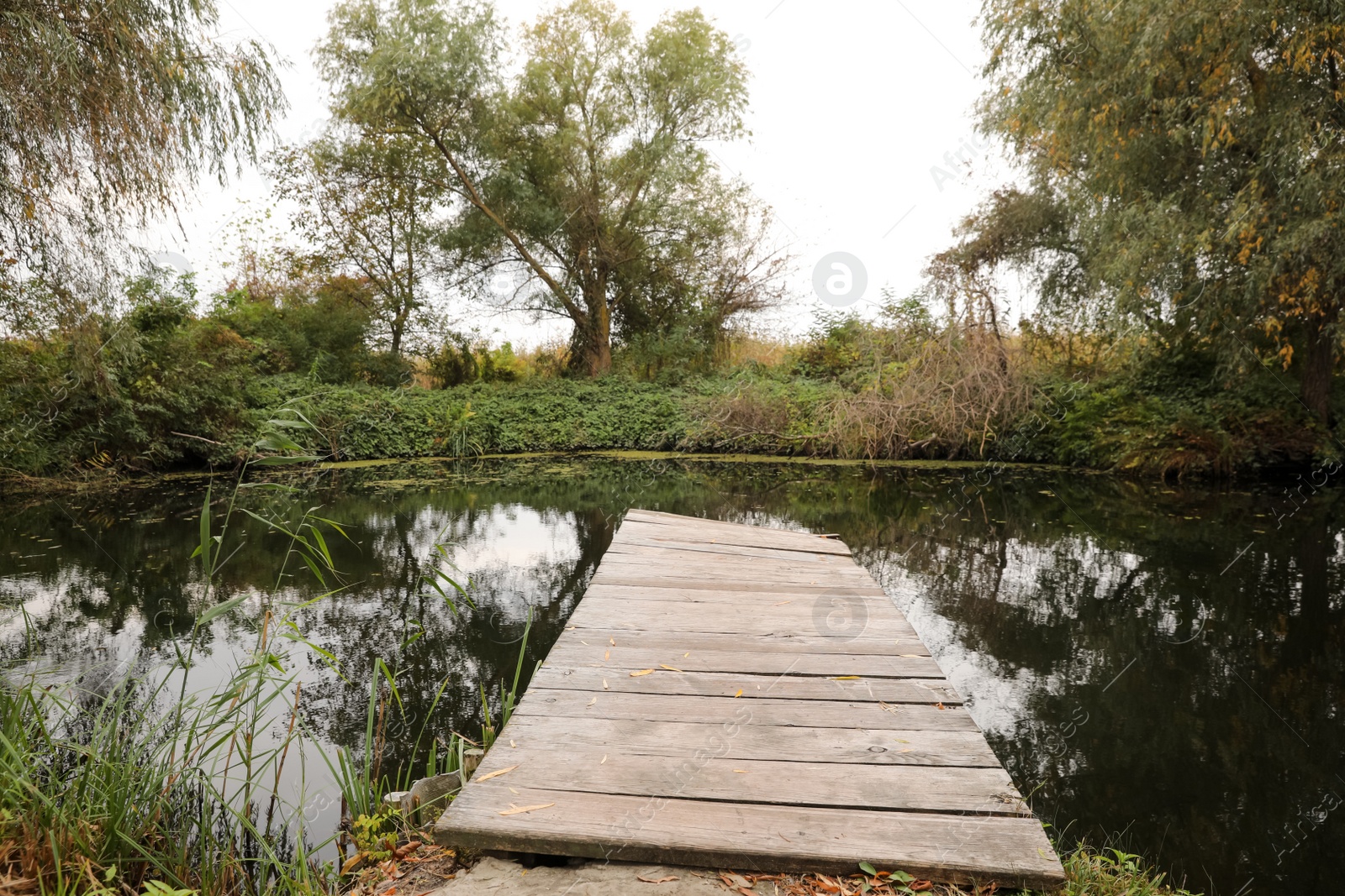 Photo of Beautiful wooden pier and lake on autumn day