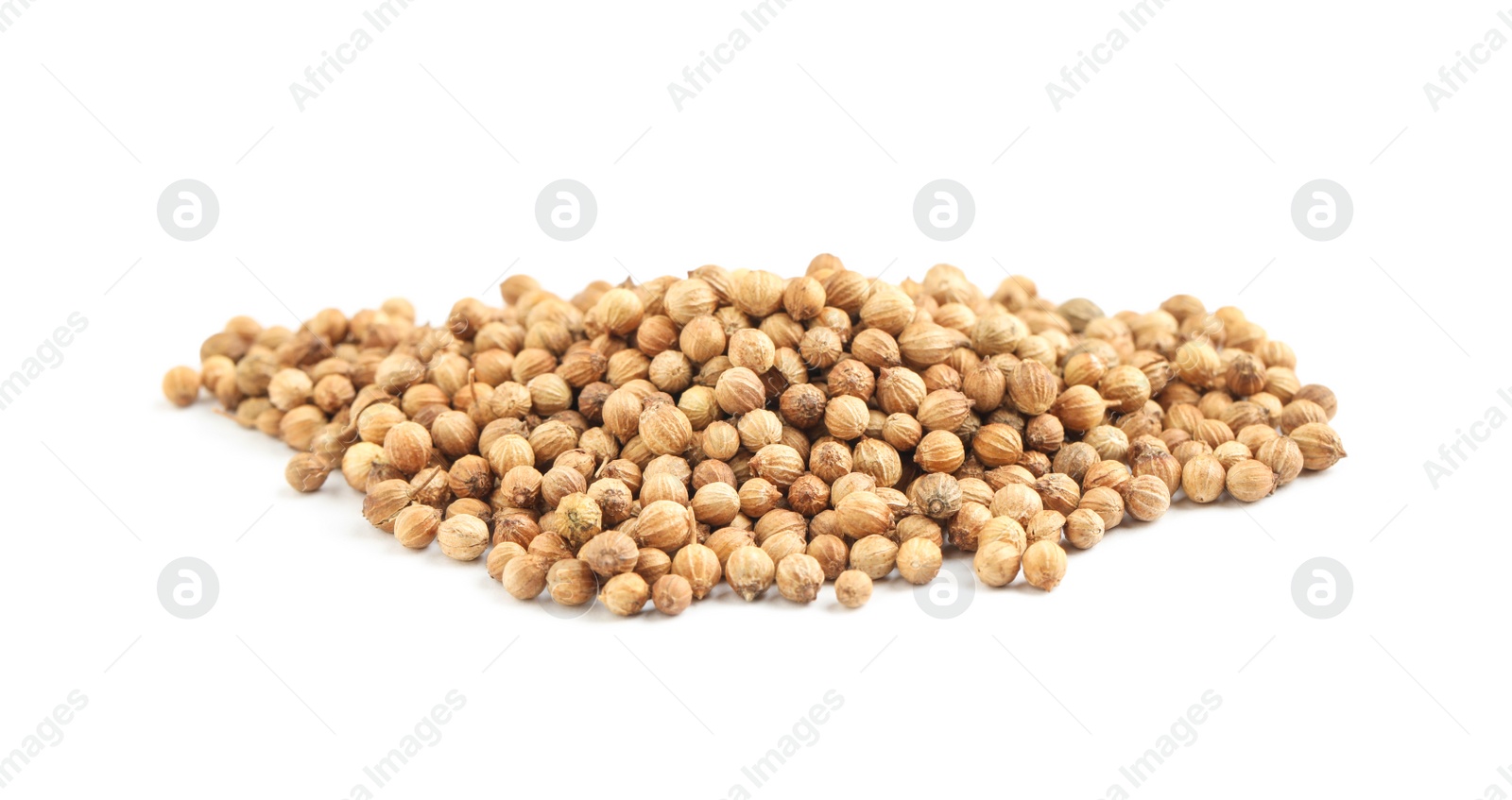 Photo of Heap of dried coriander seeds on white background