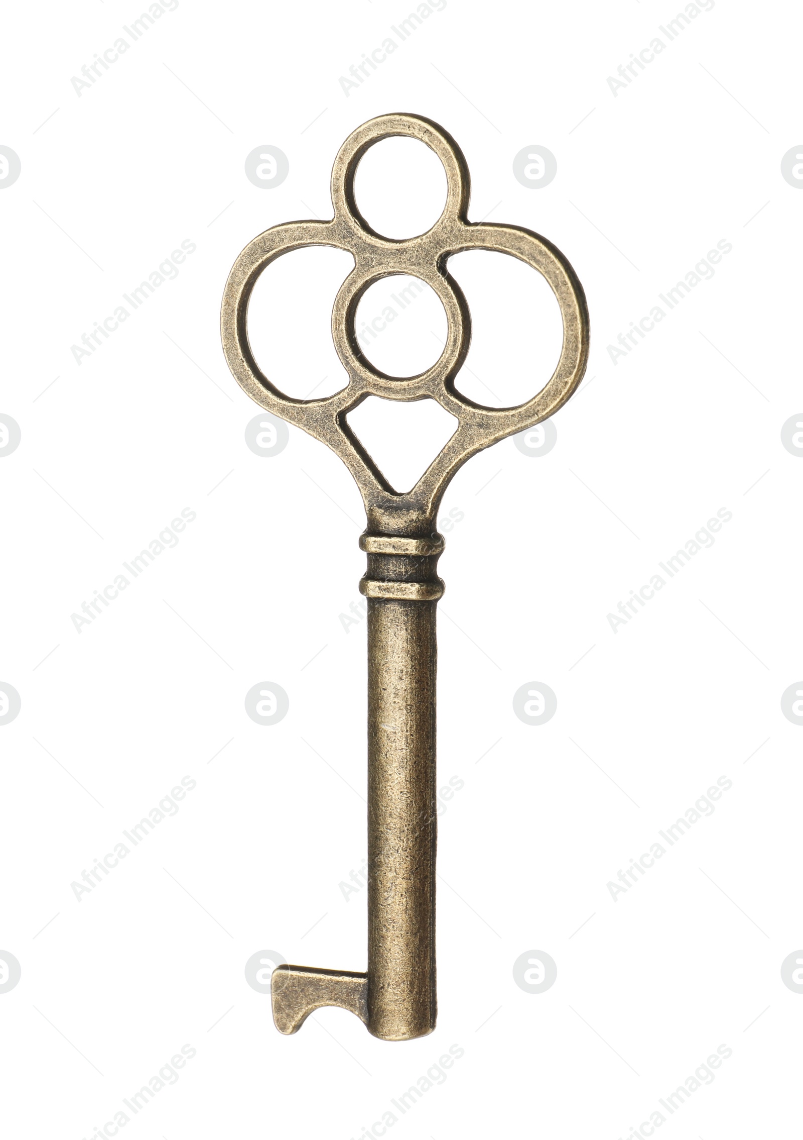 Photo of Bronze vintage ornate key on white background