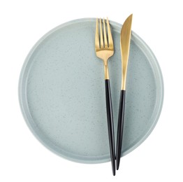 Photo of Beautiful plate with cutlery on white background, top view