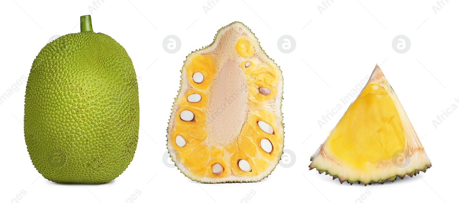 Image of Set with delicious exotic jackfruits on white background