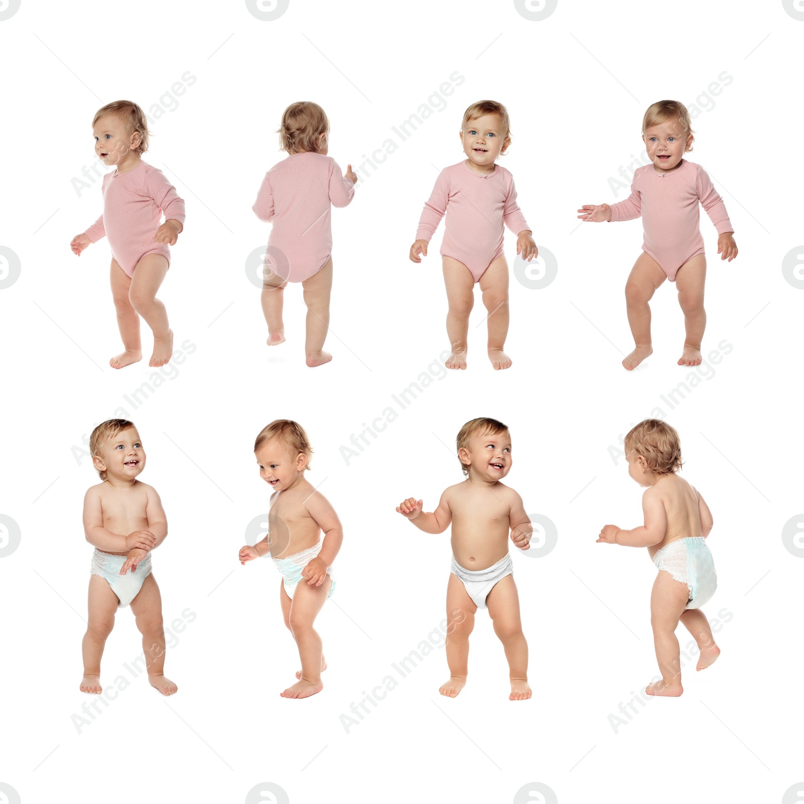 Image of Collage with photos of cute baby learning to walk on white background