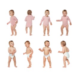 Collage with photos of cute baby learning to walk on white background