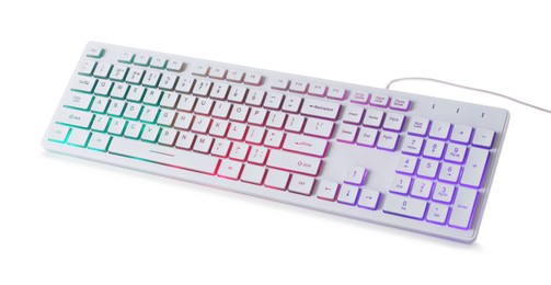 Photo of Modern mechanical RGB keyboard isolated on white