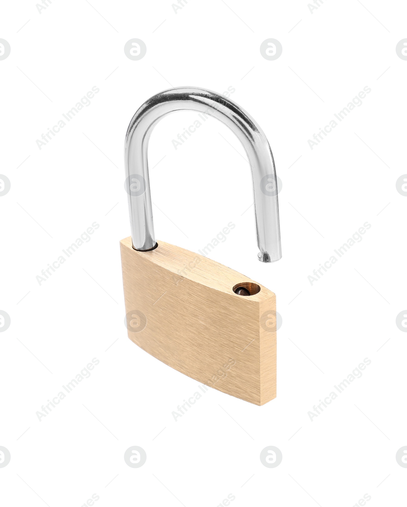 Photo of One new steel padlock isolated on white