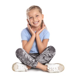 Photo of Portrait of adorable little girl on white background