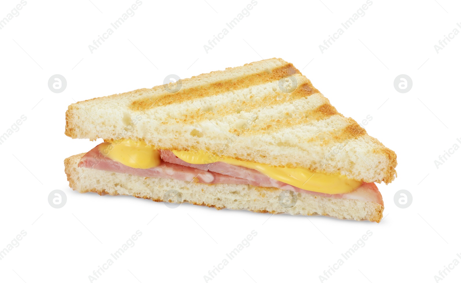 Photo of Tasty sandwich with ham and melted cheese isolated on white