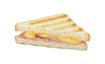 Photo of Tasty sandwich with ham and melted cheese isolated on white