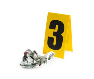 Photo of Bloody crumpled dollar and crime scene marker with number three isolated on white