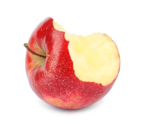 Photo of Half eaten red apple on white background