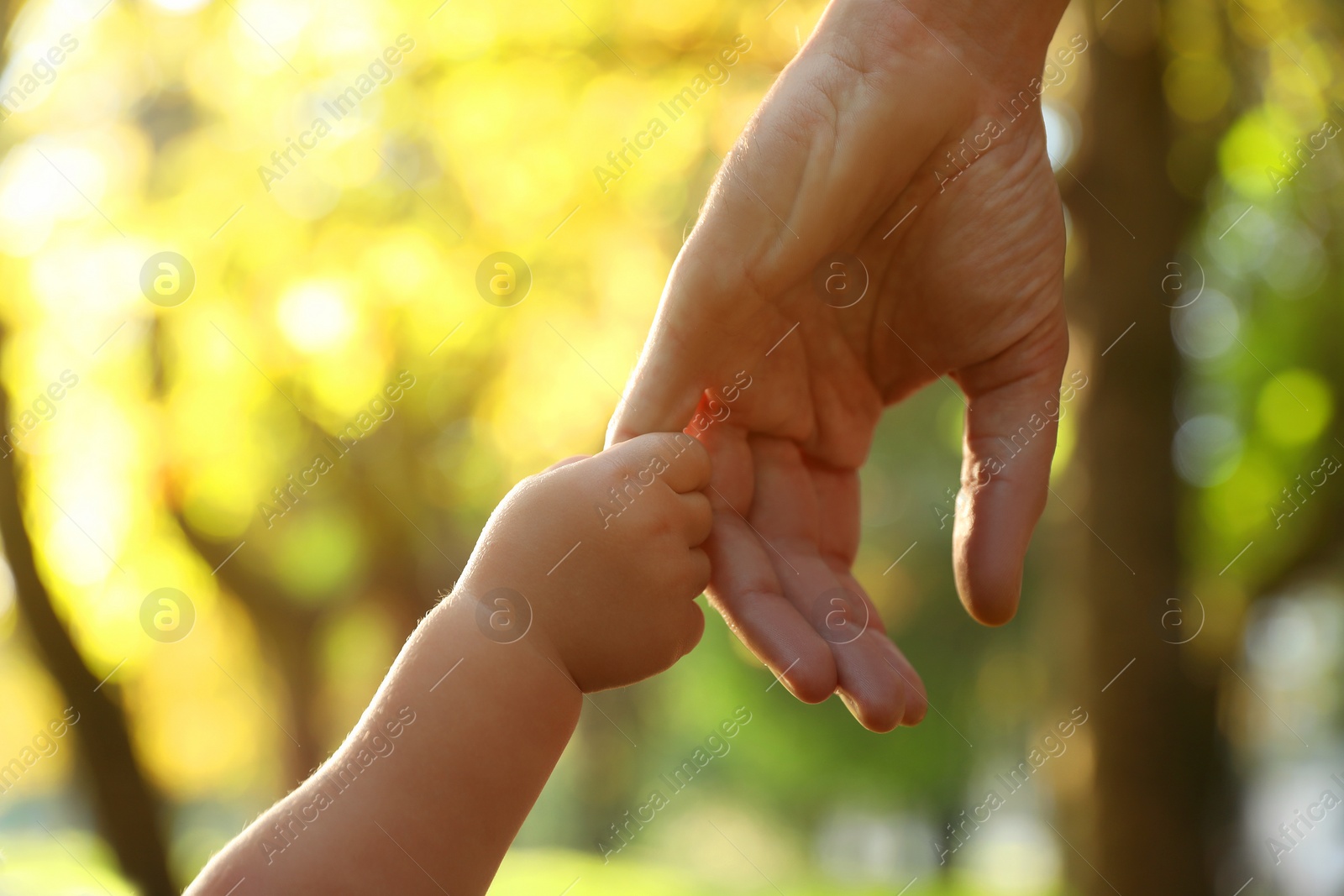 Photo of Daughter holding father's hand outdoors, closeup. Happy family