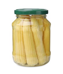 Photo of Tasty fresh yellow baby corns in glass jar isolated on white