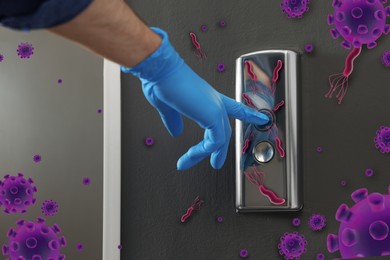 Image of Man in glove press button in elevator with germs, closeup