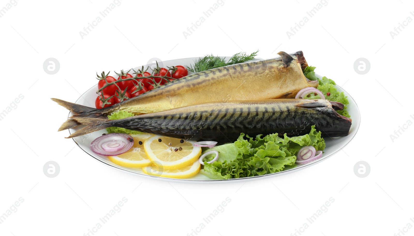 Photo of Delicious smoked mackerels and products on white background