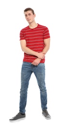 Photo of Full length portrait of young man in stylish clothes on white background