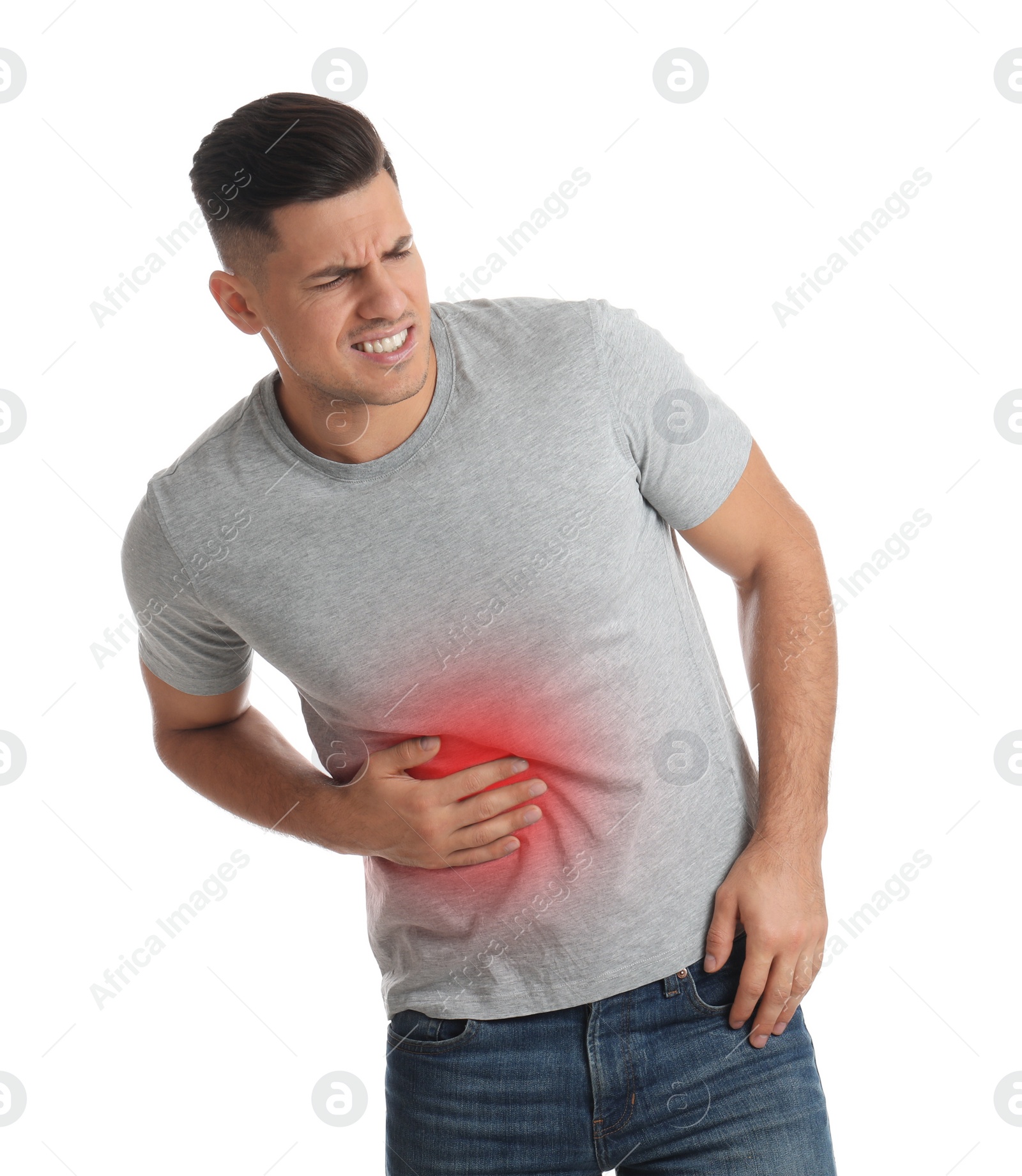 Photo of Man suffering from liver pain on white background