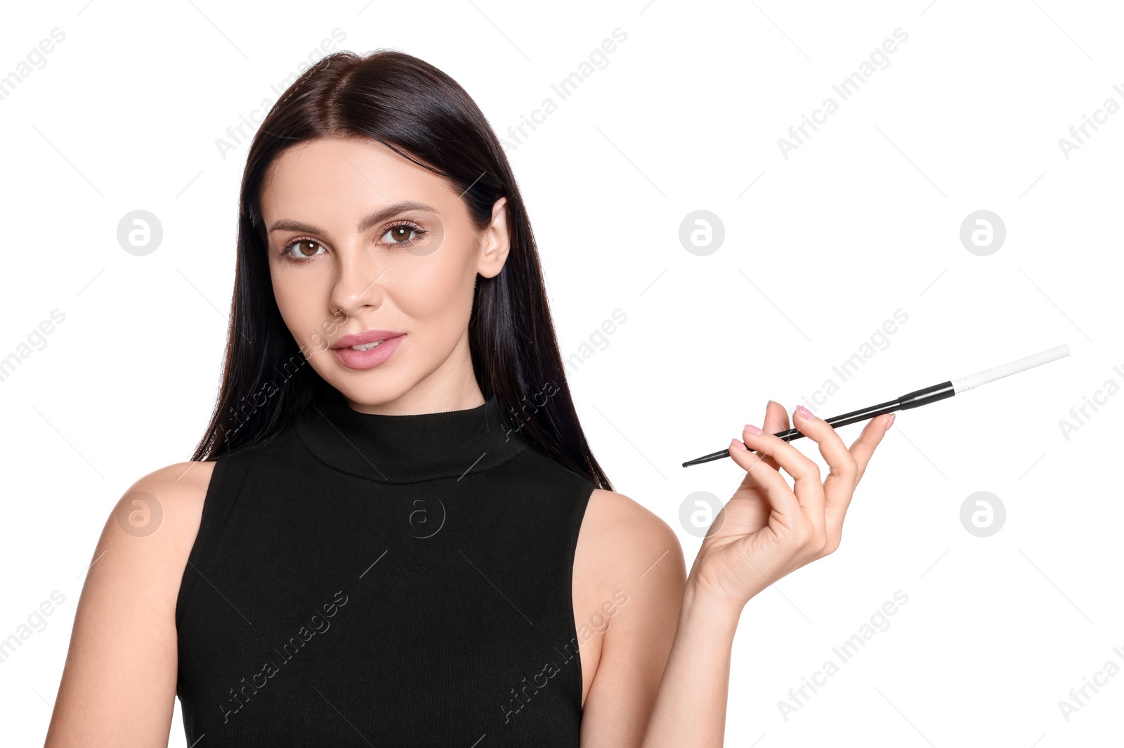 Photo of Woman using long cigarette holder for smoking isolated on white