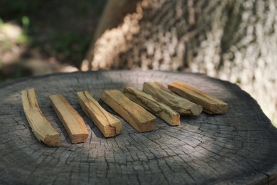Photo of Palo santo sticks on wooden stump outdoors