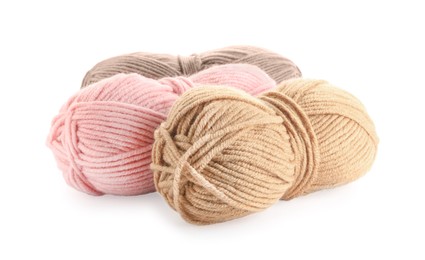 Photo of Different soft colorful woolen yarns on white background