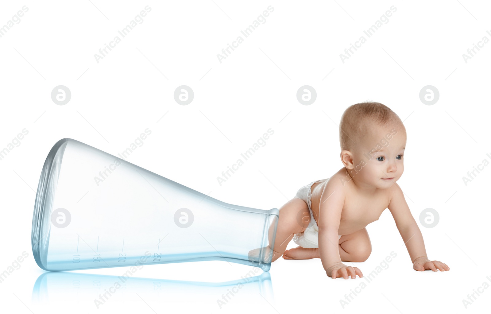 Image of Little baby and conical flask on white background