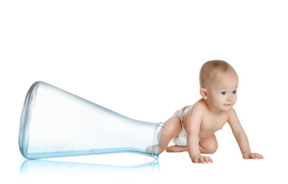 Little baby and conical flask on white background