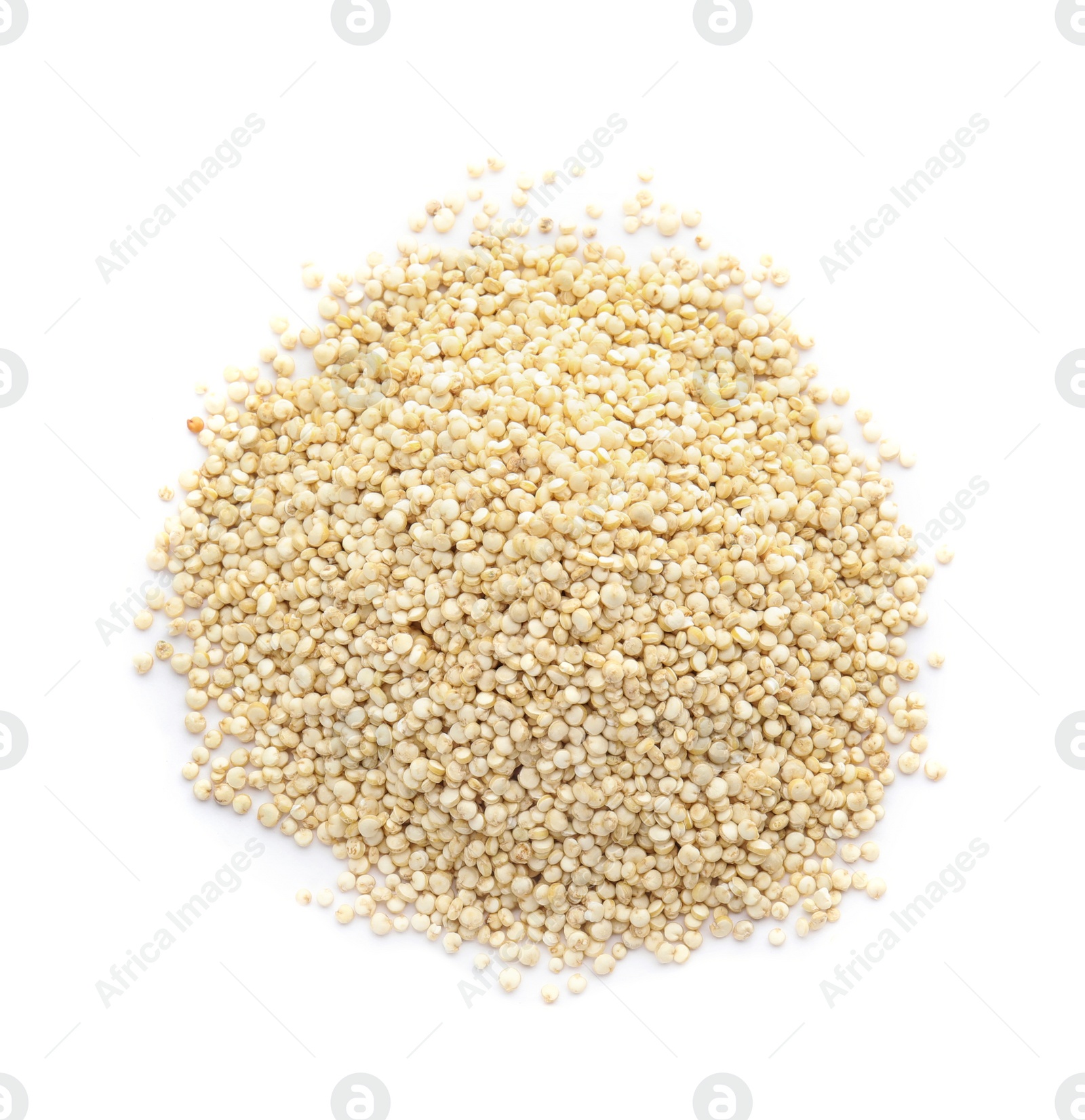 Photo of Pile of raw quinoa on white background, top view