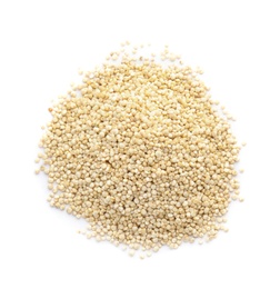 Pile of raw quinoa on white background, top view