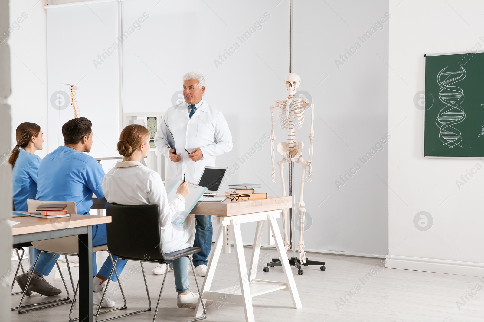 Photo of Medical students and professor studying human skeleton anatomy in classroom