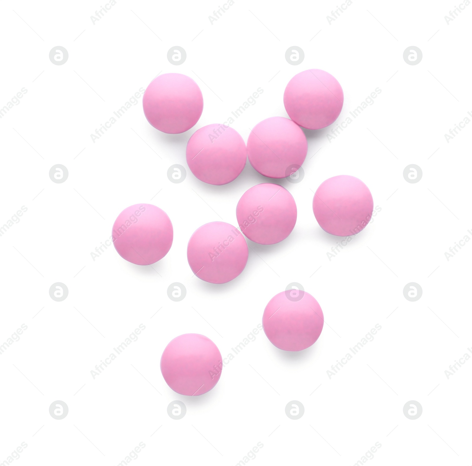 Photo of Pink antidepressant pills isolated on white, top view