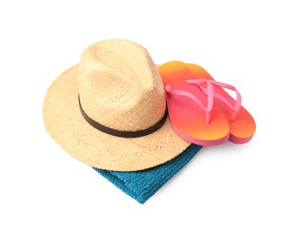 Photo of Straw hat, towel and flip flops isolated on white, above view. Beach objects