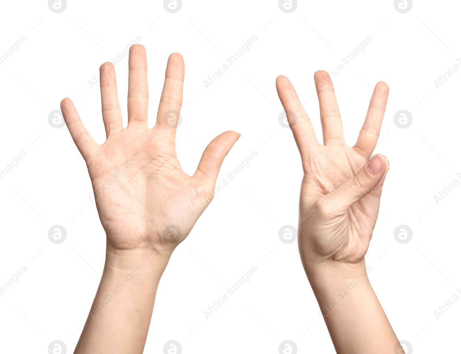 Photo of Woman showing sign eight on white background, closeup. Body language
