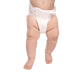 Photo of Little baby in diaper on white background, closeup