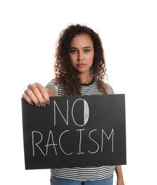 Photo of African American woman holding sign with phrase No Racism on white background
