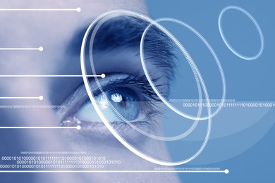 Image of Closeup view of man in process of scanning, focus on eye