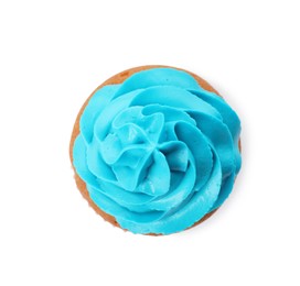 Photo of Delicious cupcake with light blue cream isolated on white, top view
